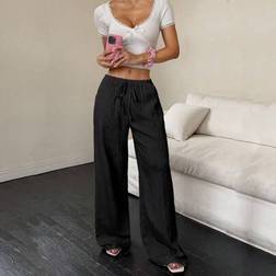 Shein Flirla Women's Casual Plain Slant Pockets Textured Long Pants