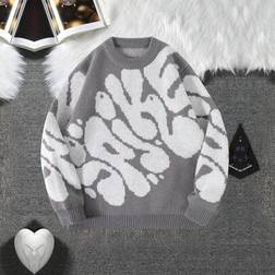 Shein Tween Boy Casual Jacquard Letter Print Crew Neck Pullover Sweater - Autumn/Winter