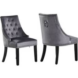 Life Interiors Set of 2 Windsor Knocker Back Velvet Dining Chairs Solid Wood Legs Dark Grey One Size Kitchen Chair 2pcs