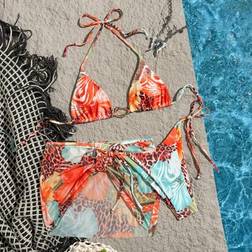 Shein Spring And Summer Beach Pool Party Flower Leopard Print Metal Buckle Short Skirt Bikini Three Pieces Set - Women