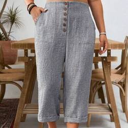 Shein Plus Size Linen Texture Wood Button Decorated Side Pockets Casual Cropped Pants