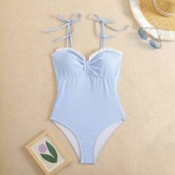 Shein Women's Sexy Tight Lace Holiday Striped Casual One-Piece Swimsuit - Blue/White