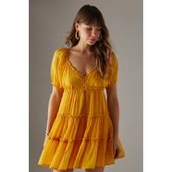 Warehouse Dobby Chiffon Button Mini Smock Dress - Yellow