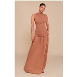 PrettyLittleThing Mocha Chiffon Ruched Dropped Waist Sleeveless Maxi Dress - Brown