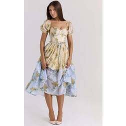 House of CB Penelope Chiffon Midi Dress - Lemon Vintage Rose