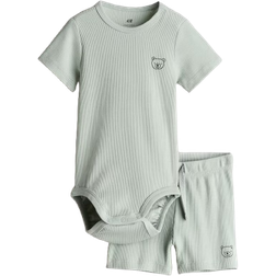 H&M Rribbed Cotton Set - Dusty Green/Bear (1147423017)