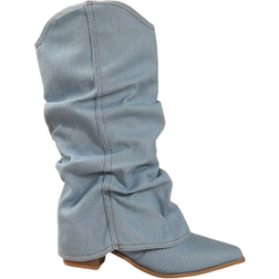 Shein New Western-Style Pointed Toe Stacked Knee-High Cowboy Boots For Women, Retro Flared Shaft High Heel Riding Boots