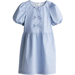H&M Girls Blue Puff-Sleeved Cotton Dress - Blue