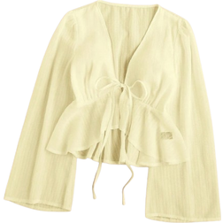 Shein Soleia holiday casual plain blouse with V-neck, puff sleeves and wide hem