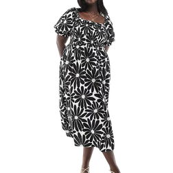 New Look Curve Milkmaid Puff Sleeve Midi Dress - Black Floral Print
