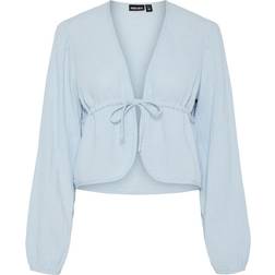 Pieces Crinkle Cotton Tie Front Cropped Blouse Co-Ord - Light Blue