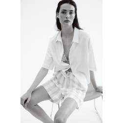 H&M Shorts I Linmix Med Dragsko - Ljusbeige/Randig