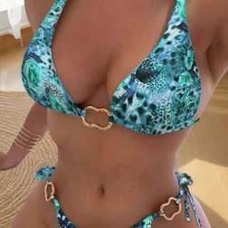 Shein Plus Size Sexy Leopard Print Halter Lace-Up Bikini Swimsuit - Blue