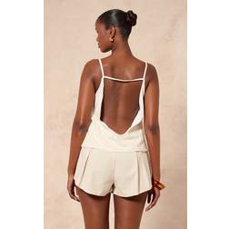 PrettyLittleThing Cream Linen Look Open Back Cami Top - White