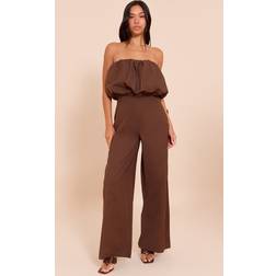 PrettyLittleThing Cotton Puffball Bandeau Straight Leg Jumpsuit - Dark Chocolate