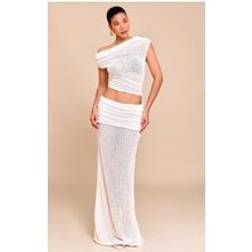 PrettyLittleThing Cream Bobble Knit Foldover Maxi Skirt - White