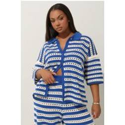 Yours Curve Crochet Shirt - Blue/White Stripe