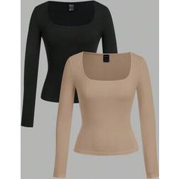 Shein Dam Fyrkantig Hals Långärmad Casual T-shirt Set - Multifärgad