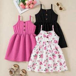 Shein 3pcs/Set Young Girls Suspender Fashion Floral Print & Solid Color Button Casual Dress Sets