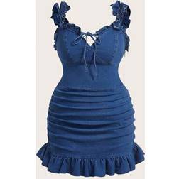 Shein Plus Size Casual Rufsig Fåll Denim Midi-klänning - Blå