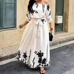 Shein Damen Große Größen Sommer Lässig Kleid - Asymmetrischem Ausschnitt/Blumenmuster