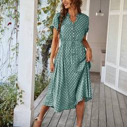 Shein Maxikleid Mit Polka-Punkt-Muster Tunnelzug Knopfverschluss Strandoutfit Für Frauen