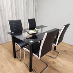 Kosy Koala Clear Glass Black Double-Striped Table with 4 Leather Chairs One Size Dining Set