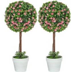 Homcom Set of 2 Plants with Rose Flower in Pot 60cm Pink Artificial Plant
