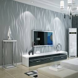 Living and Home Grey Wave Striped Non Woven Embossed Flocking Wallpaper 950 cm