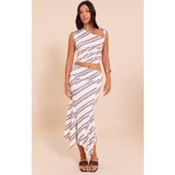 PrettyLittleThing Cream Stripe Foldover Ruched Detail Midi Skirt - White