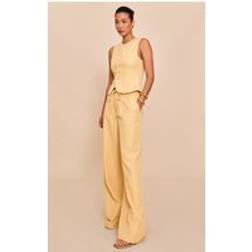 PrettyLittleThing Butter Yellow Tailored Tie Detail Woven Wide Leg Trousers