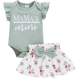 Shein Baby Girls' Letter Printed Short Sleeve Romper And Flower Print Skirt Set