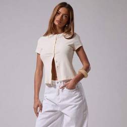 Shein Ribbad Rund Halsknapp Genom Kortärmad T-shirt - Beige