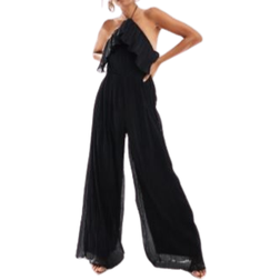 ASOS DESIGN Textured Halter Wide Leg Jumpsuit with Frill Detail - Black