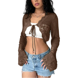 Shein Flirla Women's Spring Summer Casual Solid Color Hollow Out Knitted Cropped Cardigan,Long Sleeve Tops