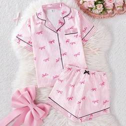Shein Girl Pajamas Set Bow Stripe Faux Silk Color Block Short Sleeve Top - Casual