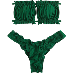 Shein Swim Summer Beach Ruched Lettuce Trim Bandeau Bikini Set