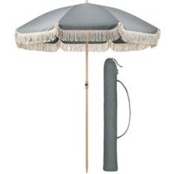 Christow Portable Parasol Beach Garden Tilting Umbrella Fringed Tassel Sun Shade 2m Grey