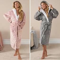 OHS Womens Dressing Gown Sherpa Fleece Soft Warm Heart Star Ladies PJ Loungwear Robe - Pink
