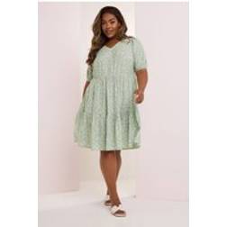 Yours Ditsy Floral Tiered Mini Dress - Light Green