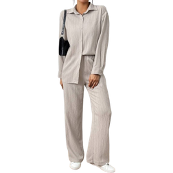 Shein PETITE 2pcs Women Spring & Autumn Casual Solid Color Long Sleeve Shirt And Pants Set