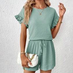 Shein 2 Pieces Set Women Short Sleeve Top Elastic Waist Shorts