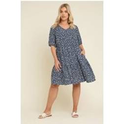 Yours Curve Ditsy Floral Print Tiered Mini Dress - Navy Blue