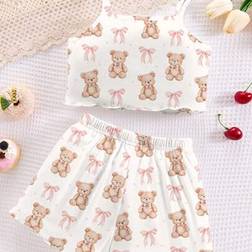 Shein Young Girls Bear Design Bow Tank Top And Shorts Casual Sleepwear Comfortable Pajama Set - Summer