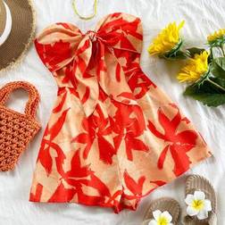 Shein Women's Vacation Resort Sommar Carnival Cruise Semester Vattenfärg Silhouette Print Camisole Front Twist Backless Loose Romper - Multifärgad