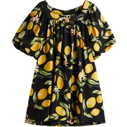 H&M Balloon-Sleeved Tunic Dress - Black/Lemons