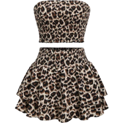Shein Sweetra Leopard Print Embroidered Tube Top And Layered Skirt Woven Two-Piece Set Y2K Outfit