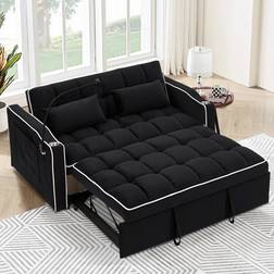 Dinosisco Dinosisco 3-in-1 Convertible Futon Bed Loveseat Sleeper with Phone Stand USB Black Velvet Sofa 54.7" 2 Seater