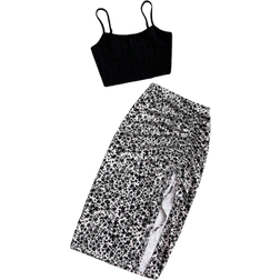 Shein Soleia 2pcs Set: Solid Color Spaghetti Strap Top And Ditsy Floral Slit Hem Skirt, Casual Holiday