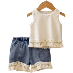 Shein Young Girls Solid Color Fringe Camisole And Denim Shorts Casual Outfit Summer